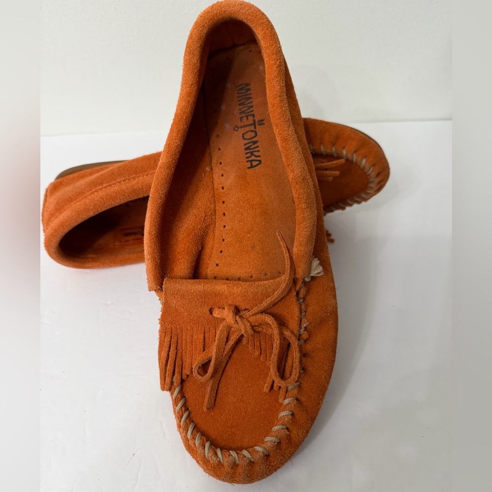 Minnetonka Orange Suede Fringe Slip-On Moccasins Size 8